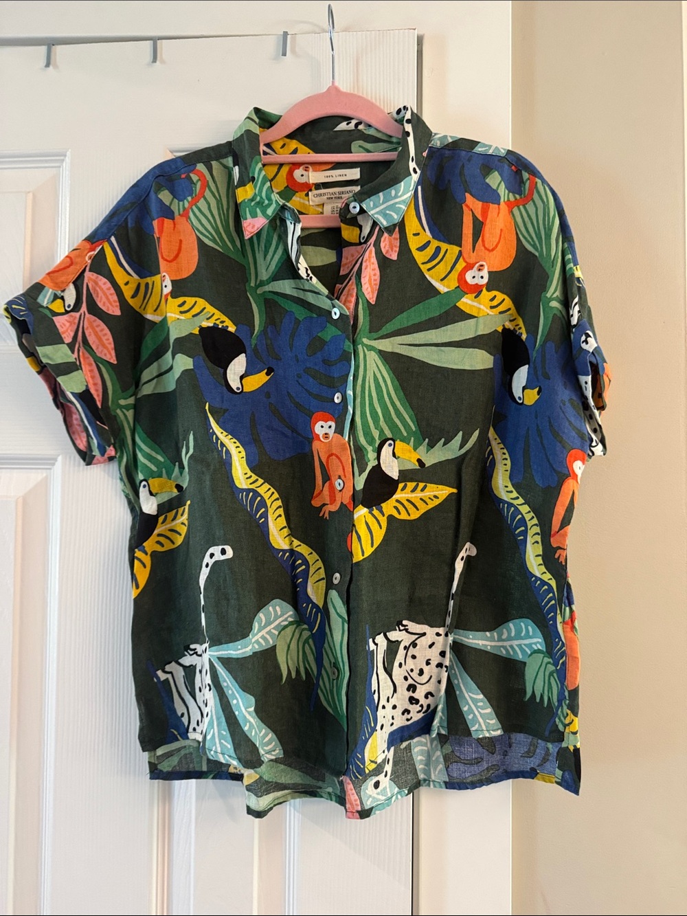 Christian Siriano Black Linen Shirt with Multicolor Tropical Print